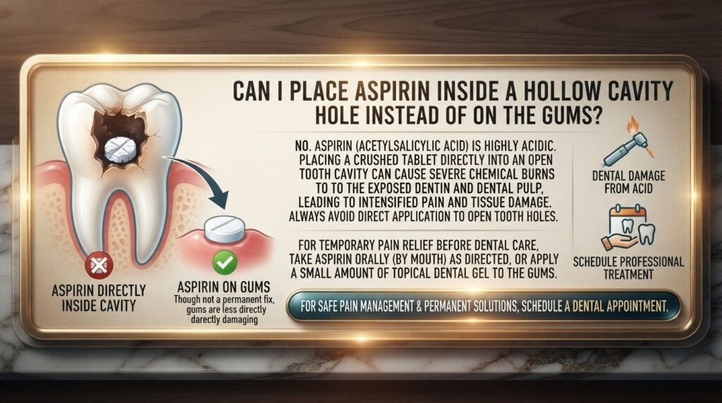 Can I place aspirin inside a hollow cavity hole instead of on the gums?
