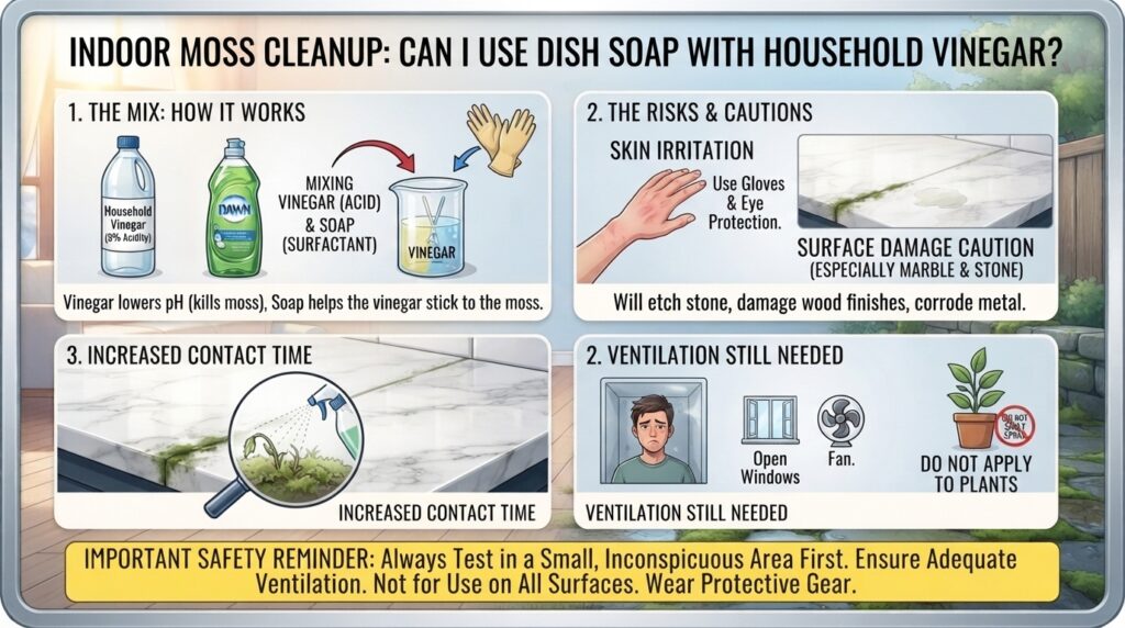 Can I use dish soap mixed with household vinegar to clean up indoor moss