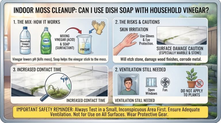 Can I use dish soap mixed with household vinegar to clean up indoor moss?