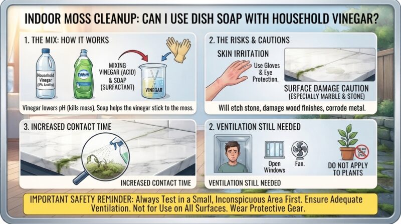 Can I use dish soap mixed with household vinegar to clean up indoor moss