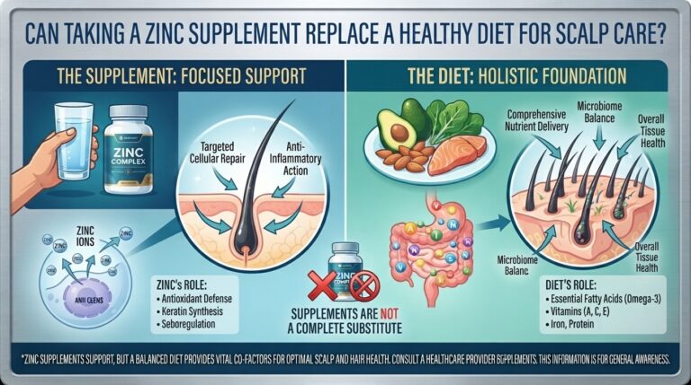 Can taking a zinc supplement replace a healthy diet for scalp care?