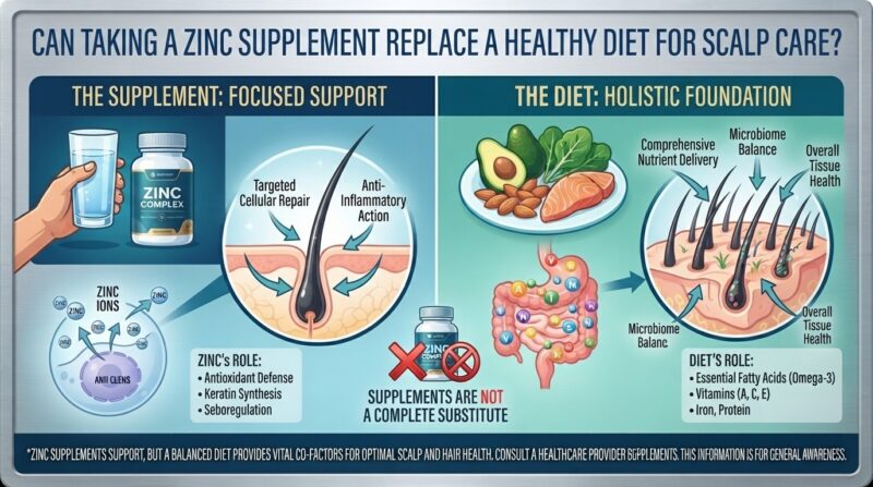 Can taking a zinc supplement replace a healthy diet for scalp care