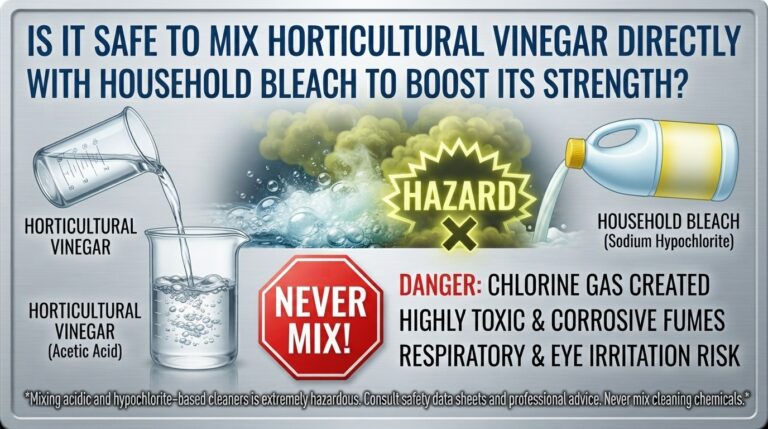 Is it safe to mix horticultural vinegar directly with household bleach to boost its strength?