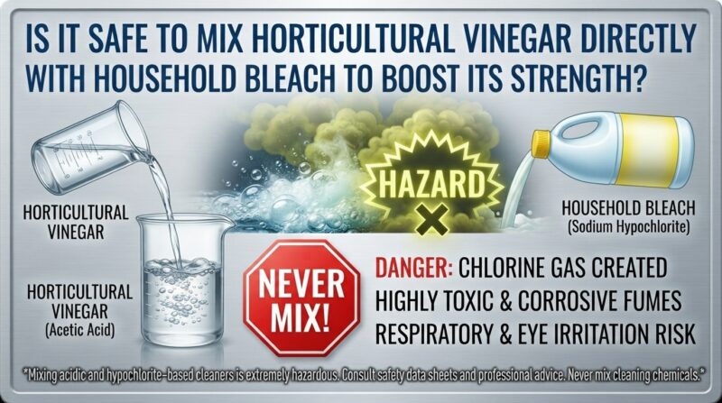 Is it safe to mix horticultural vinegar directly with household bleach to boost its strength