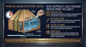 What happens if I seal pressure-treated wood too early?