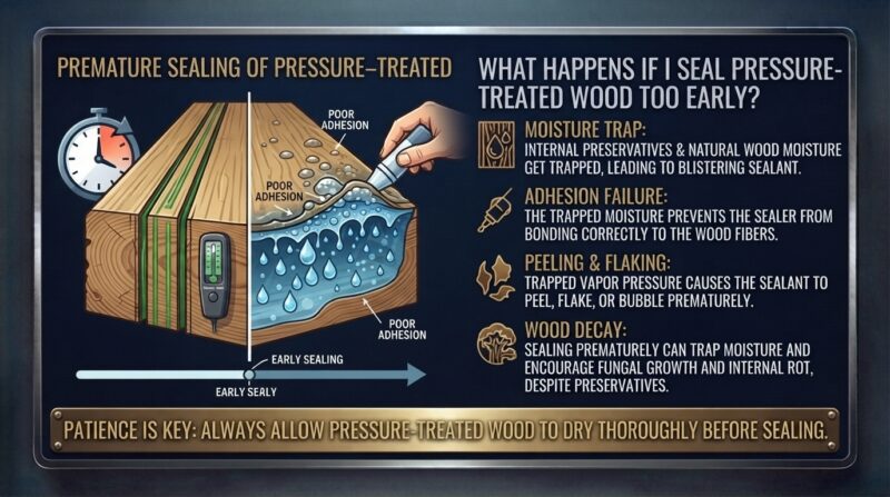 What happens if I seal pressure-treated wood too early