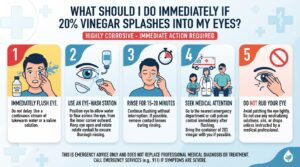 What should I do immediately if 20% vinegar splashes into my eyes?