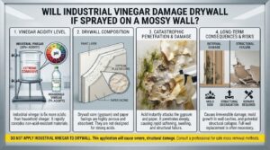 Will industrial vinegar damage the underlying drywall if sprayed on a mossy wall