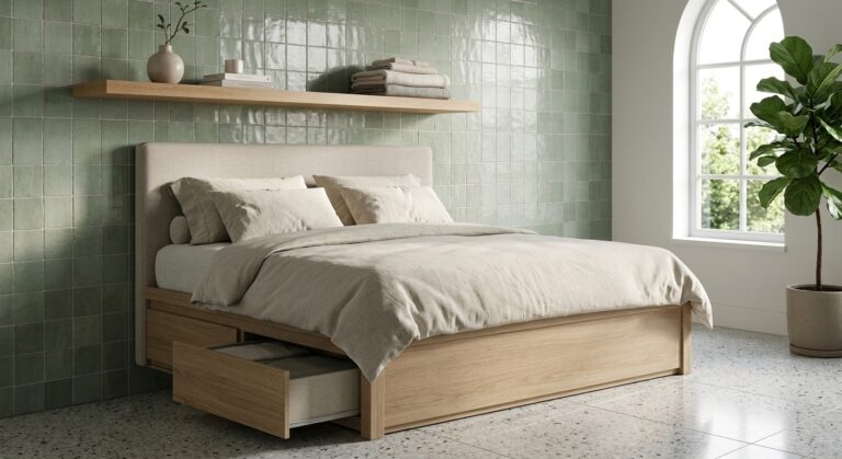 Queen size bed frame with headboard and storage