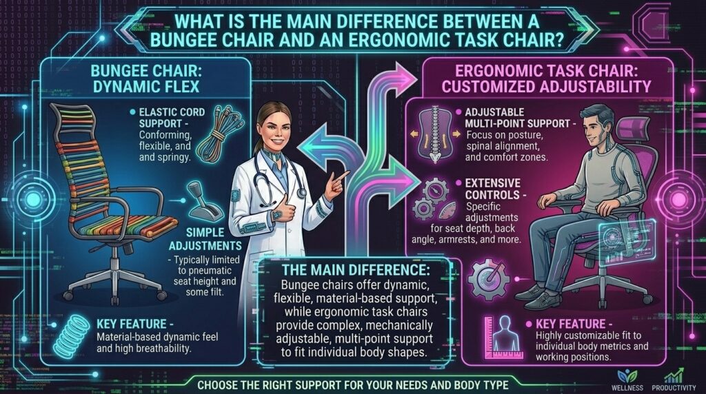 What is the main difference between a bungee chair and an ergonomic task chair
