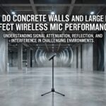 How do concrete walls and large rooms affect wireless mic performance?