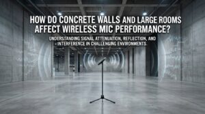 How do concrete walls and large rooms affect wireless mic performance?