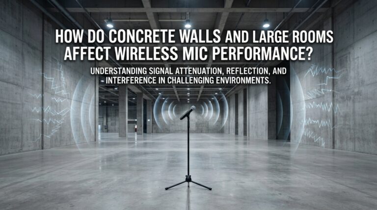 How do concrete walls and large rooms affect wireless mic performance?