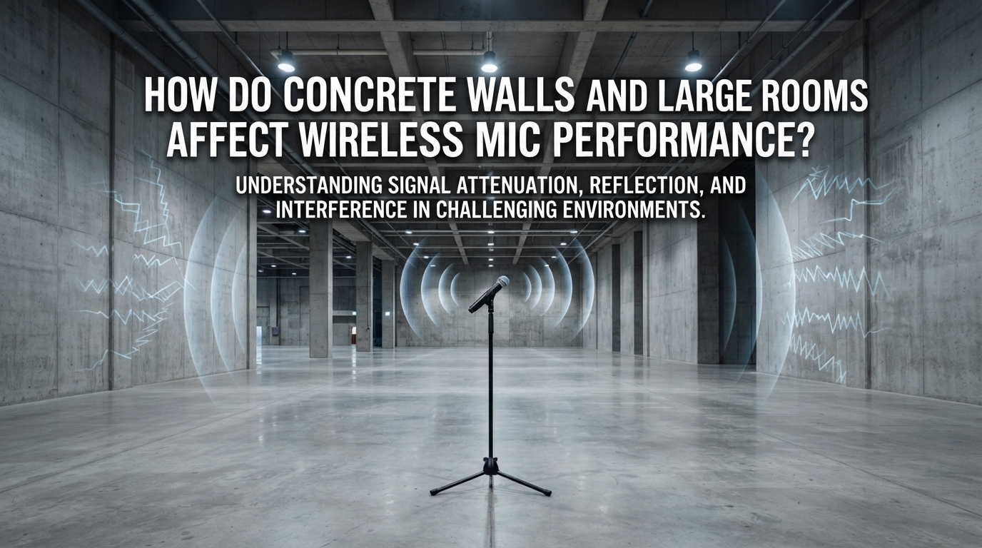How do concrete walls and large rooms affect wireless mic performance